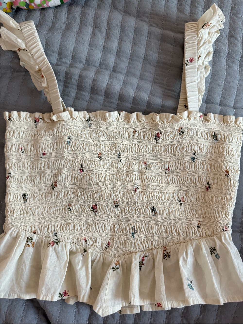 American Eagle Outfitters Cream Smocked Floral Ruffle Tank